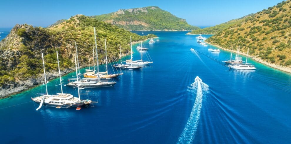 Aerial view of yachts and boats on the sea at in summer